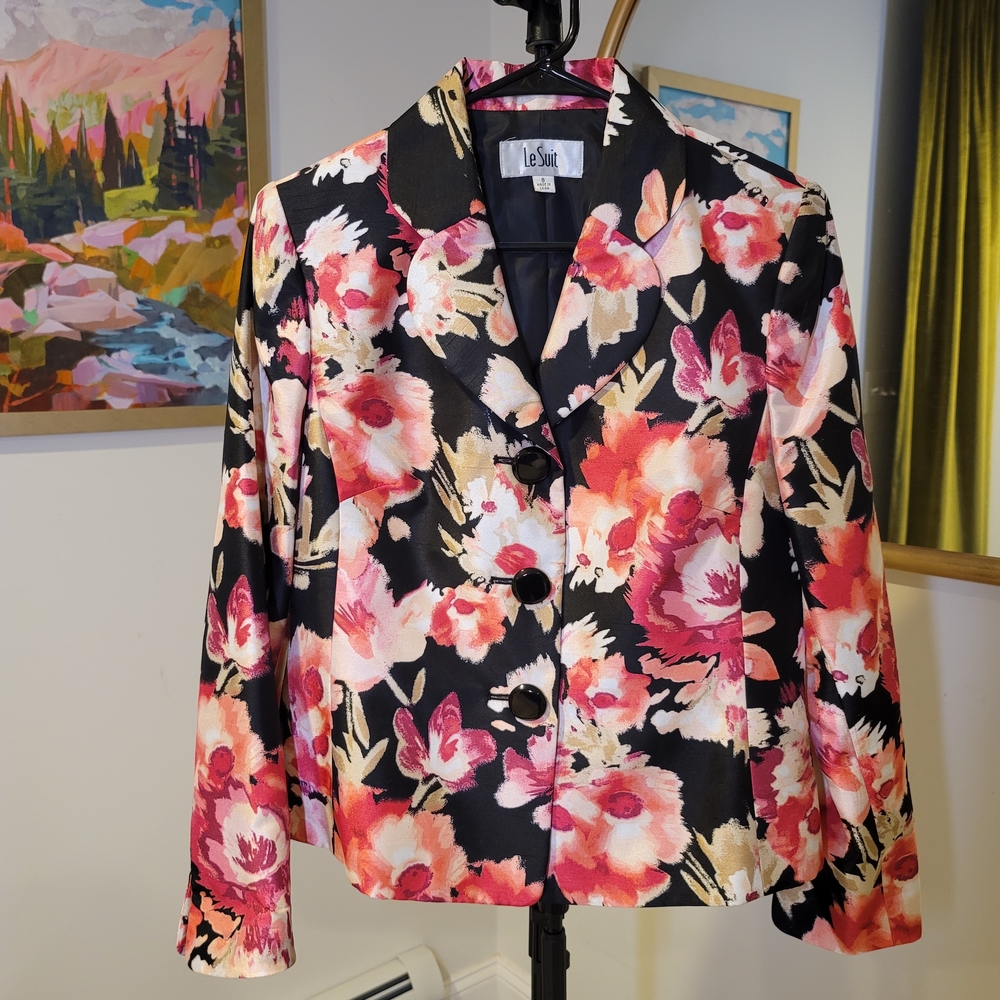 LE SUIT Women's Floral Blazer - Black and Pink Size 8